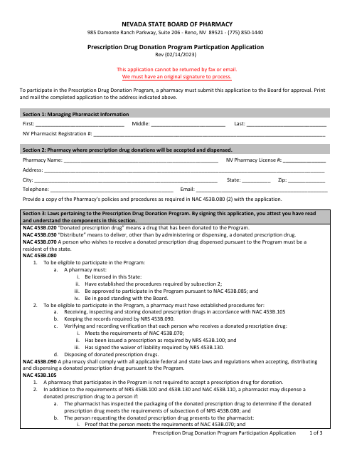 Prescription Drug Donation Program Particpation Application - Nevada Download Pdf