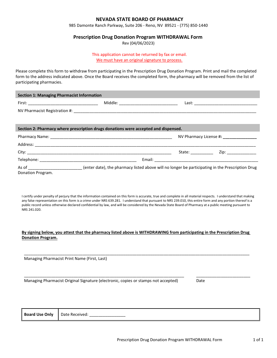 Prescription Drug Donation Program Withdrawal Form - Nevada, Page 1