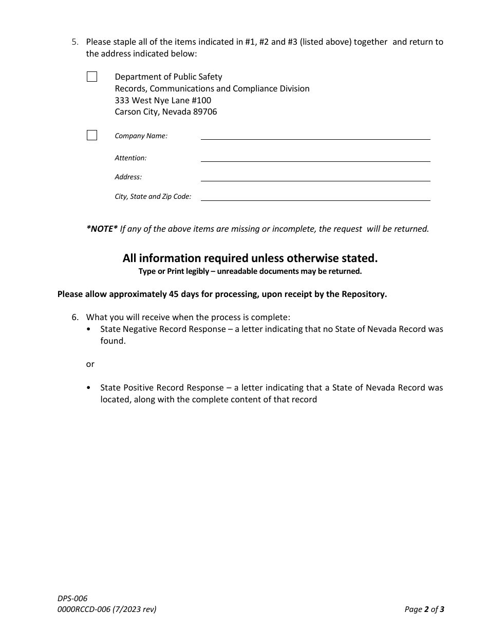 Form DPS-006 Identification File Request for State of Nevada Records of Criminal History Form - Nevada, Page 2
