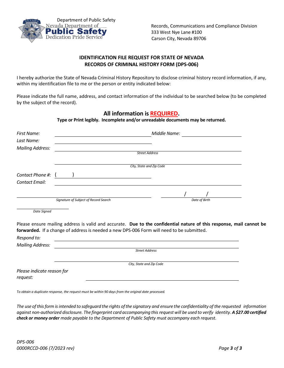 Form DPS-006 Identification File Request for State of Nevada Records of Criminal History Form - Nevada, Page 3