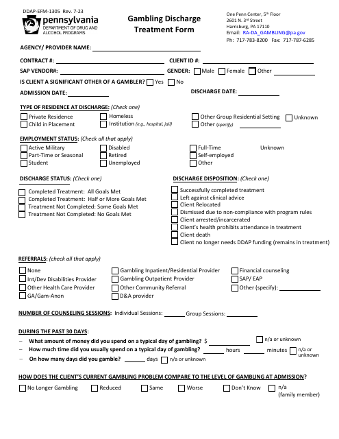 Form DDAP-EFM-1305 Gambling Discharge Treatment Form - Pennsylvania