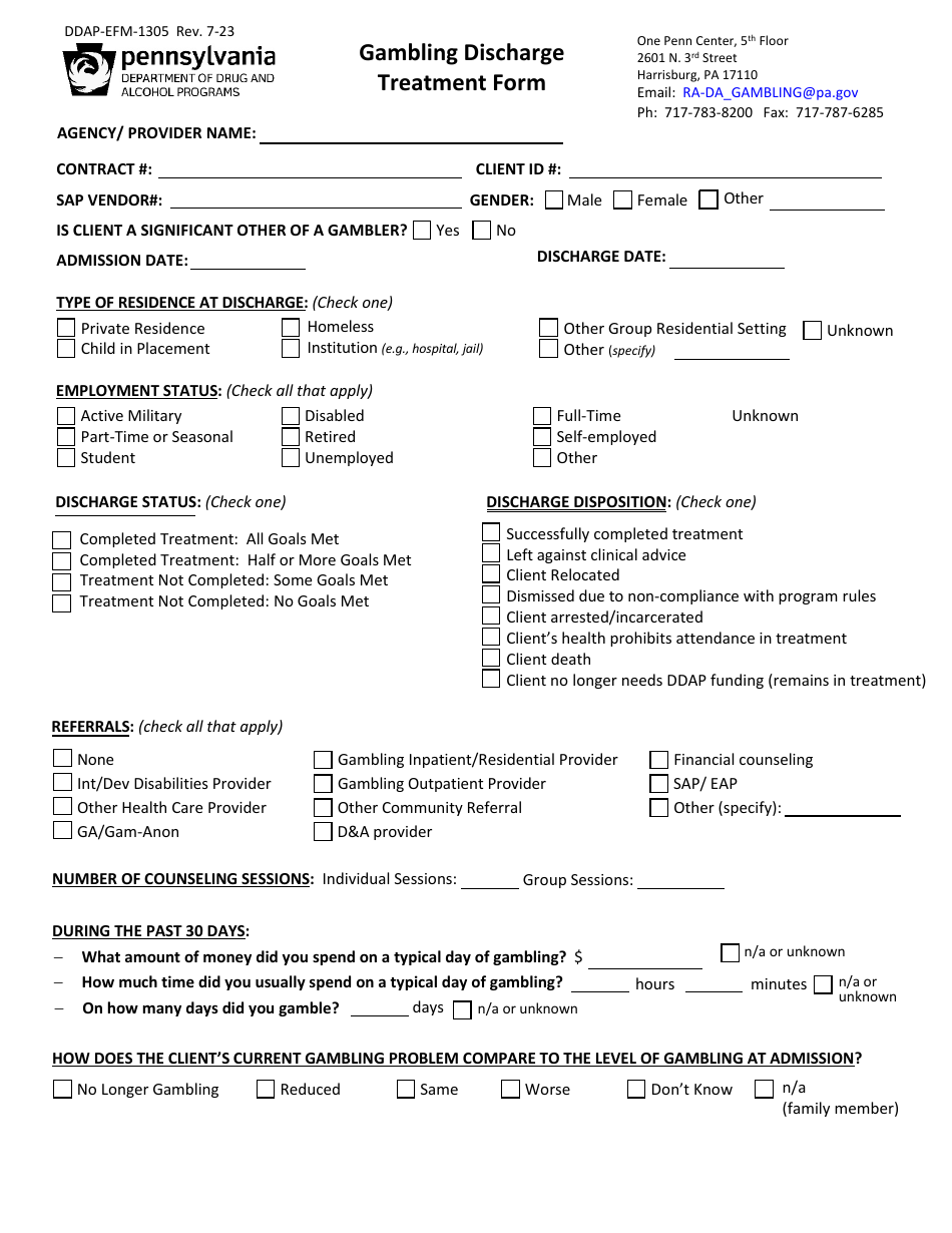 Form DDAP-EFM-1305 Gambling Discharge Treatment Form - Pennsylvania, Page 1