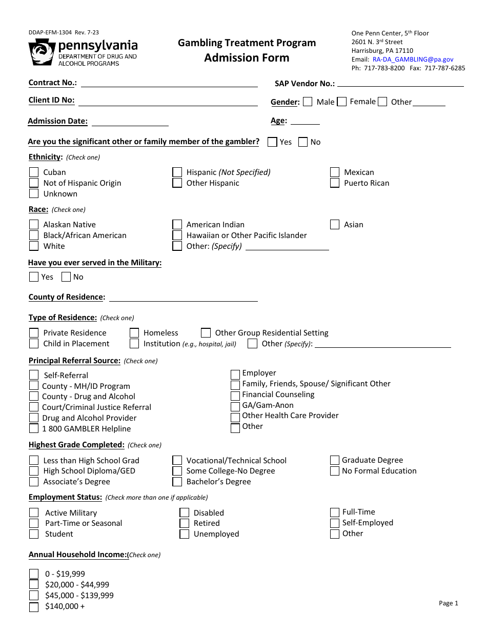 Form DDAP-EFM-1304 Gambling Treatment Program Admission Form - Pennsylvania, Page 1
