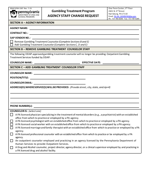 Form DDAP-EFM-1307 Agency Staff Change Request - Gambling Treatment Program - Pennsylvania