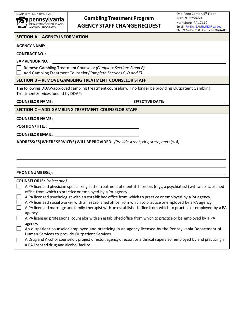 Form DDAP-EFM-1307 Agency Staff Change Request - Gambling Treatment Program - Pennsylvania, Page 1