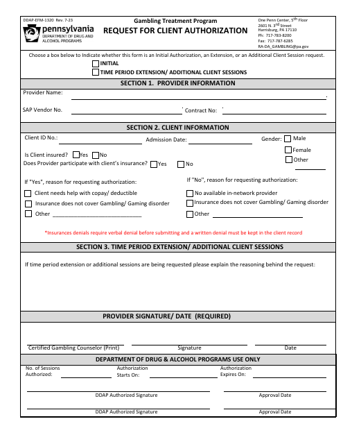 Form DDAP-EFM-1320 Request for Client Authorization - Gambling Treatment Program - Pennsylvania
