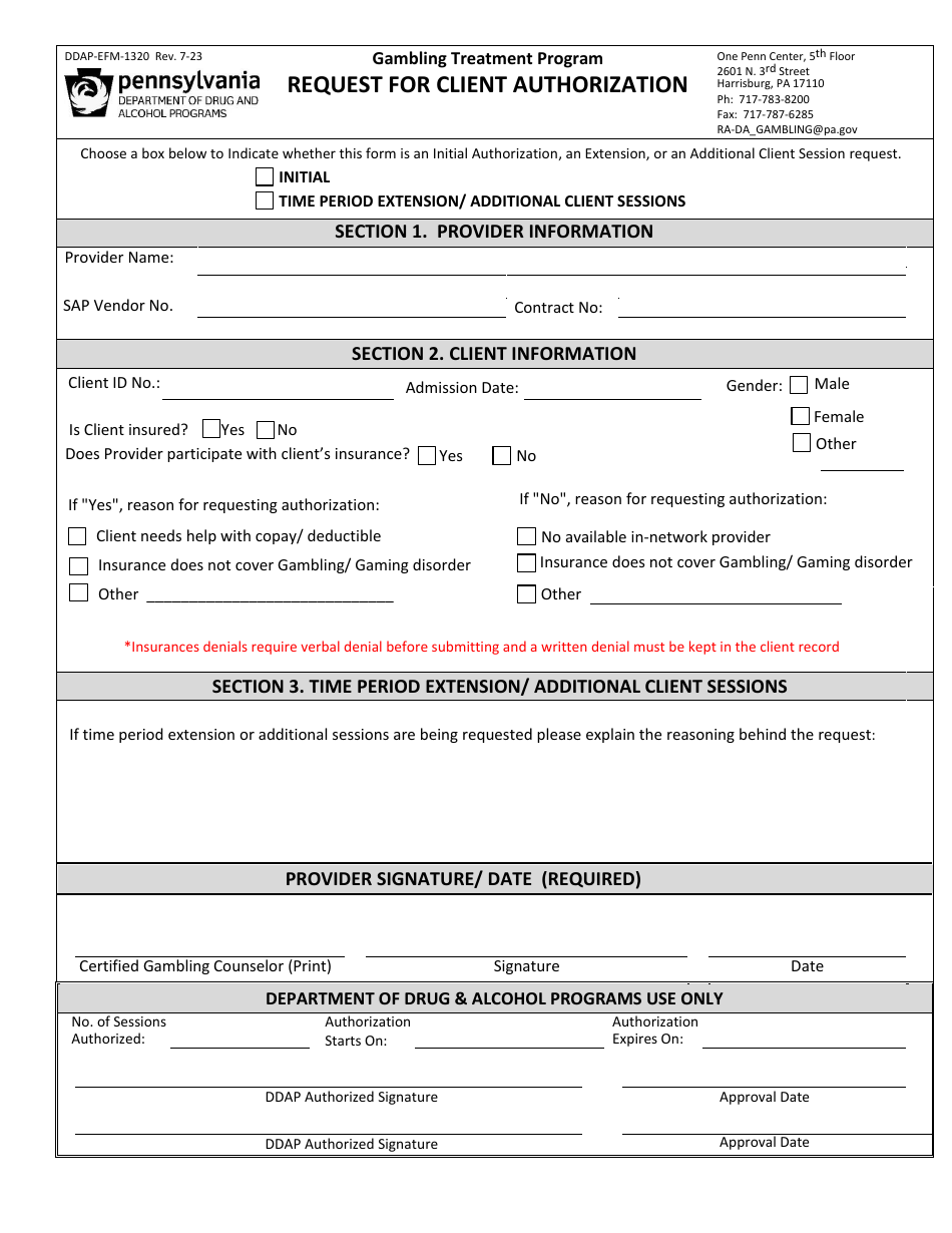 Form DDAP-EFM-1320 Request for Client Authorization - Gambling Treatment Program - Pennsylvania, Page 1