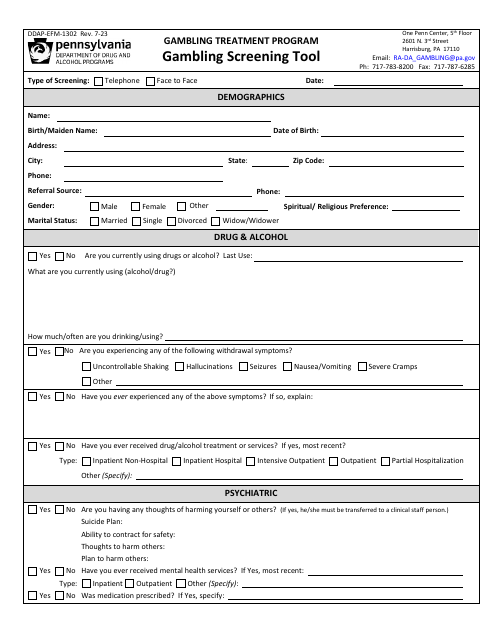 Form DDAP-EFM-1302 Gambling Screening Tool - Gambling Treatment Program - Pennsylvania