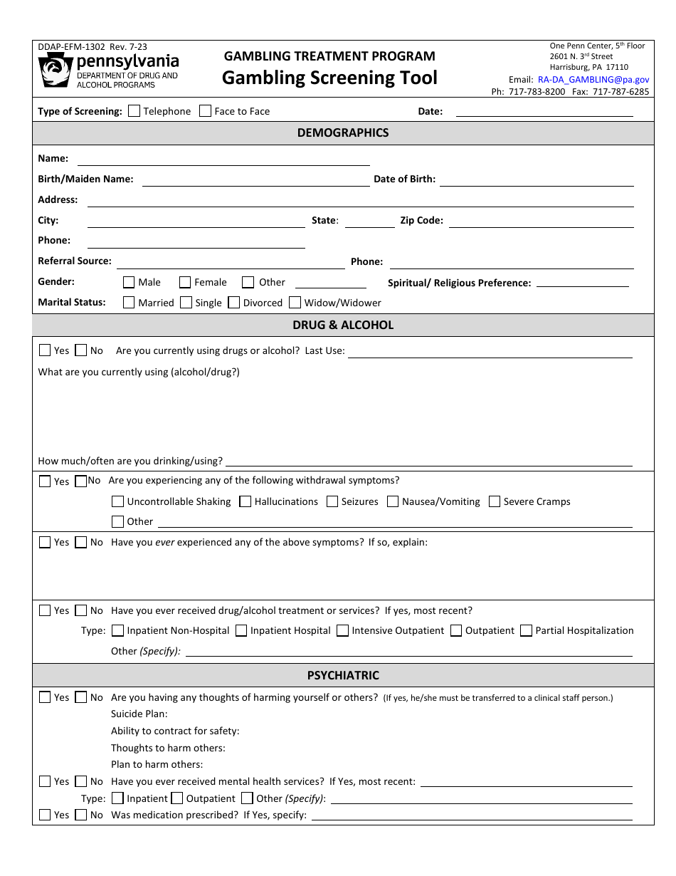 Form DDAP-EFM-1302 Gambling Screening Tool - Gambling Treatment Program - Pennsylvania, Page 1