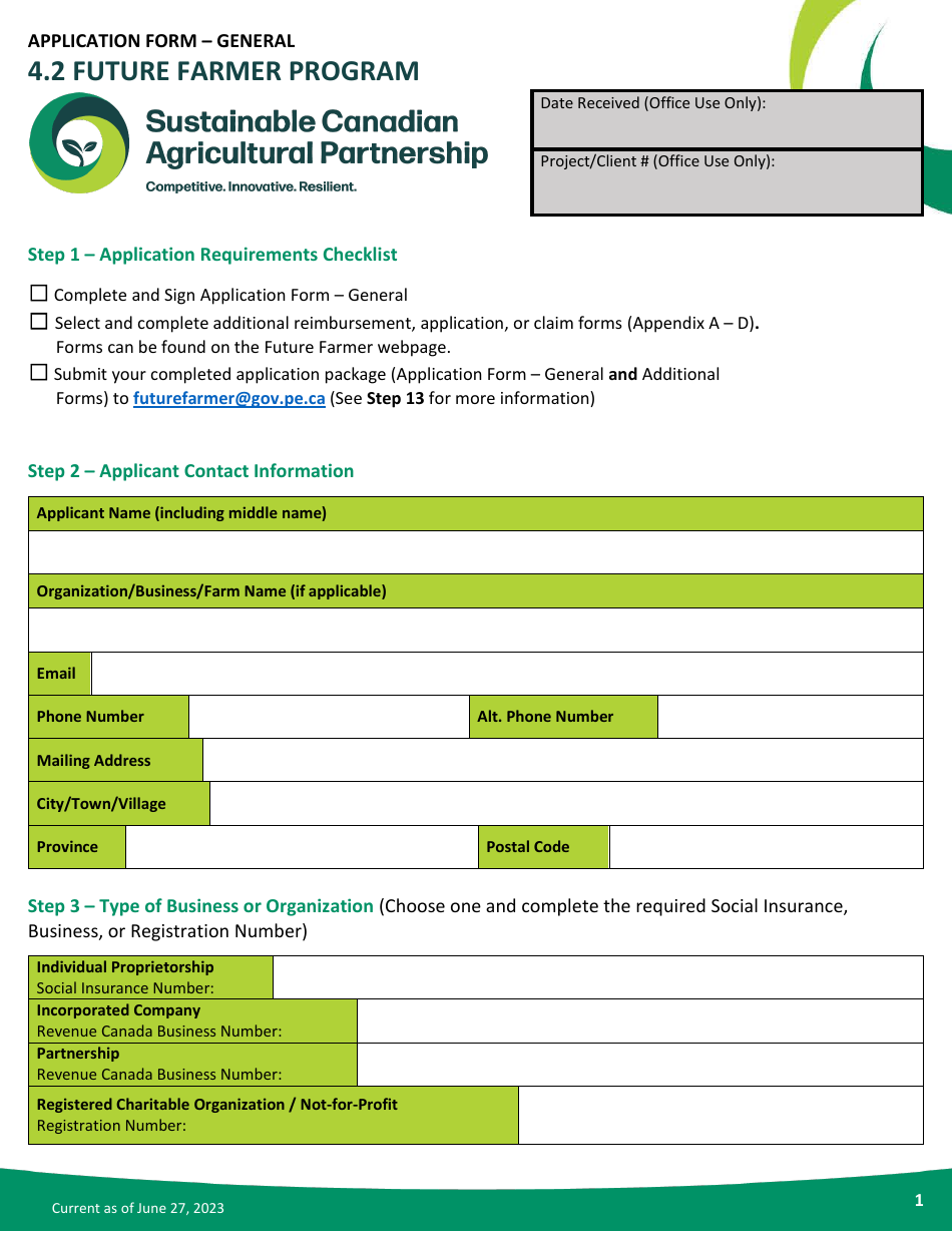 Application Form - Future Farmer Program - Prince Edward Island, Canada, Page 1