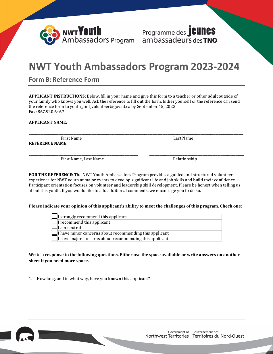 Form B Reference Form - Nwt Youth Ambassadors Program - Northwest Territories, Canada, Page 1