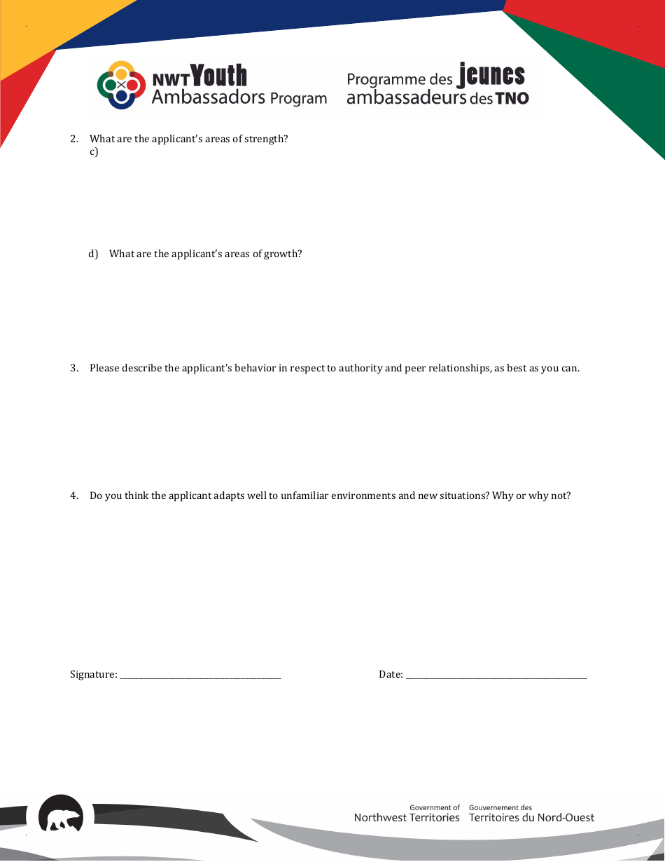 Form B Reference Form - Nwt Youth Ambassadors Program - Northwest Territories, Canada, Page 2