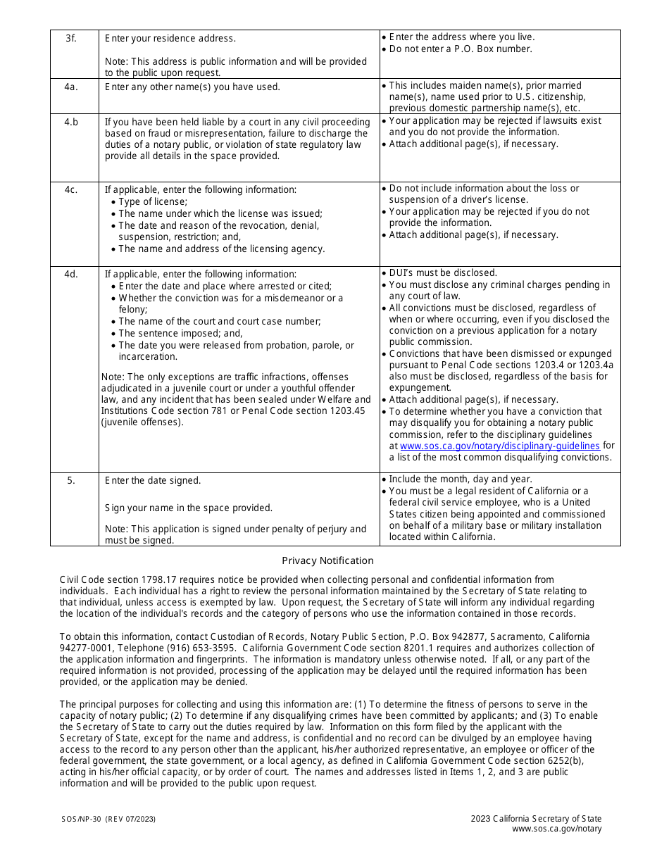Form SOS / NP-30 Notary Public Application - California, Page 4