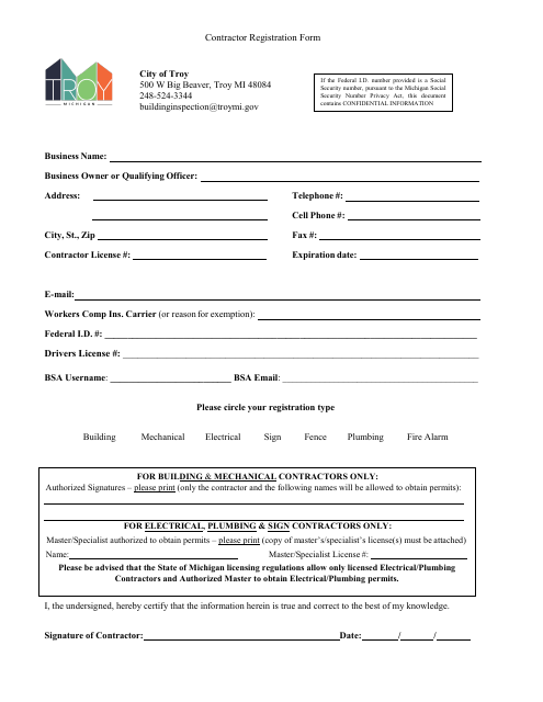 Contractor Registration Form - City of Troy, Michigan Download Pdf