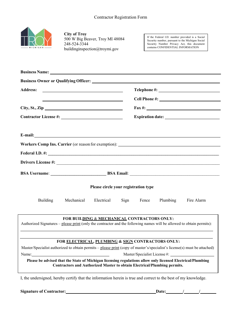 City of Troy, Michigan Contractor Registration Form Fill Out, Sign