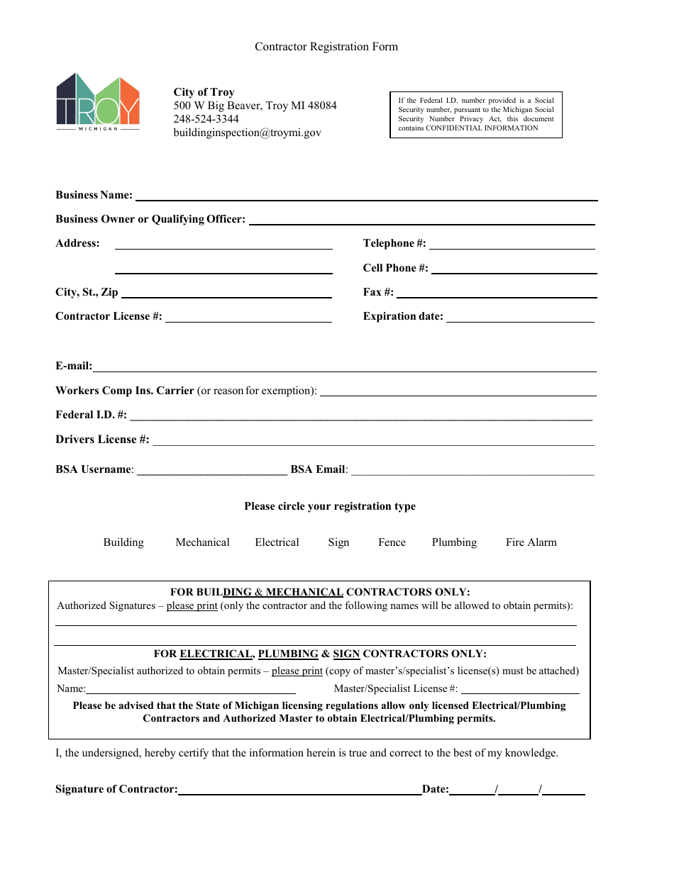 Contractor Registration Form - City of Troy, Michigan, Page 1