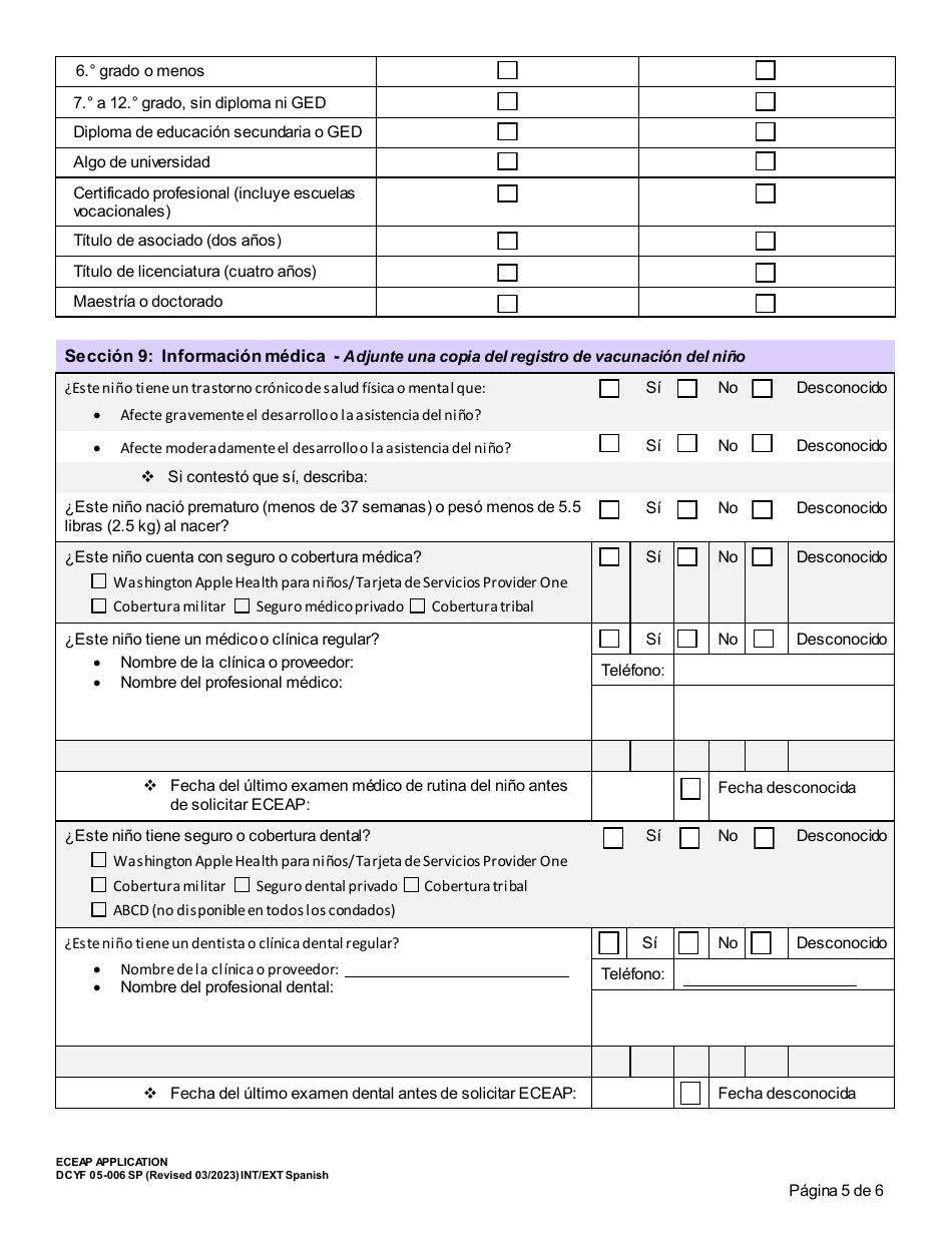 DCYF Formulario 05-006B Solicitud De Eceap - Washington (Spanish), Page 5