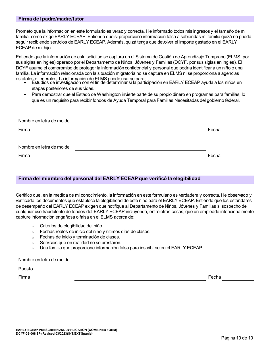 DCYF Formulario 05-008 Seleccion Previa Y Solicitud De Early Eceap (Formulario Combinado) - Washington (Spanish), Page 10