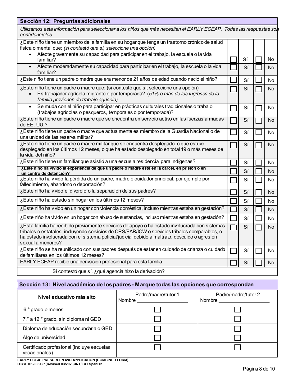 DCYF Formulario 05-008 Seleccion Previa Y Solicitud De Early Eceap (Formulario Combinado) - Washington (Spanish), Page 8
