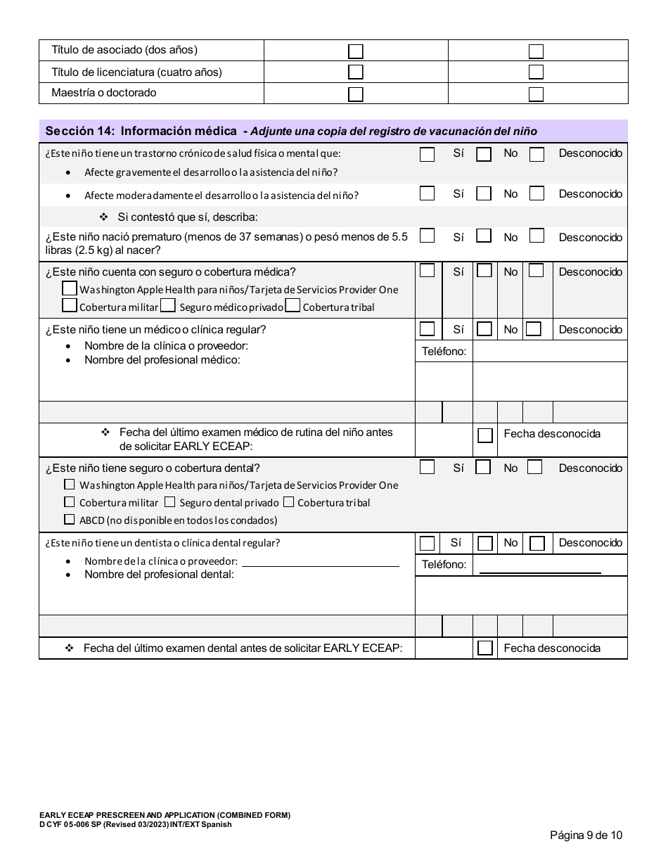 DCYF Formulario 05-008 Seleccion Previa Y Solicitud De Early Eceap (Formulario Combinado) - Washington (Spanish), Page 9