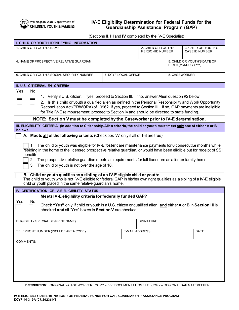 DCYF Form 14-319A V-E Eligibility Determination for Federal Funds for the Guardianship Assistance Program (Gap) - Washington, Page 1
