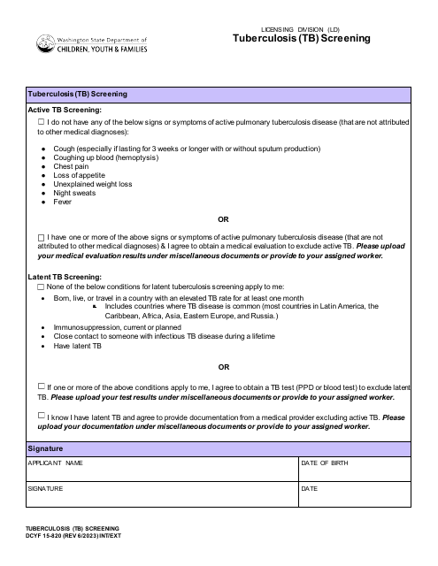 DCYF Form 15-820 Tuberculosis (Tb) Screening - Washington