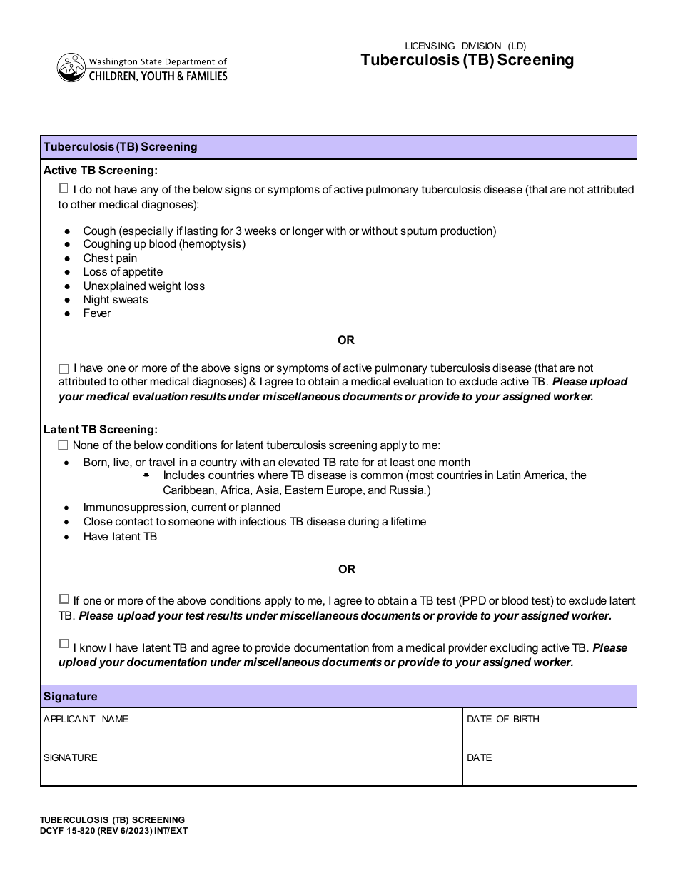 DCYF Form 15-820 Tuberculosis (Tb) Screening - Washington, Page 1