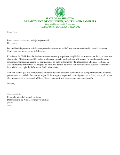 DCYF Formulario 15-434 Salud Mental Continua (Omh) Informe De Evaluacion - Washington (Spanish)