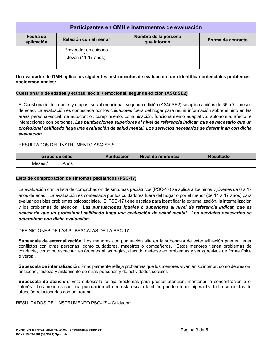 DCYF Formulario 15-434 Salud Mental Continua (Omh) Informe De Evaluacion - Washington (Spanish), Page 3