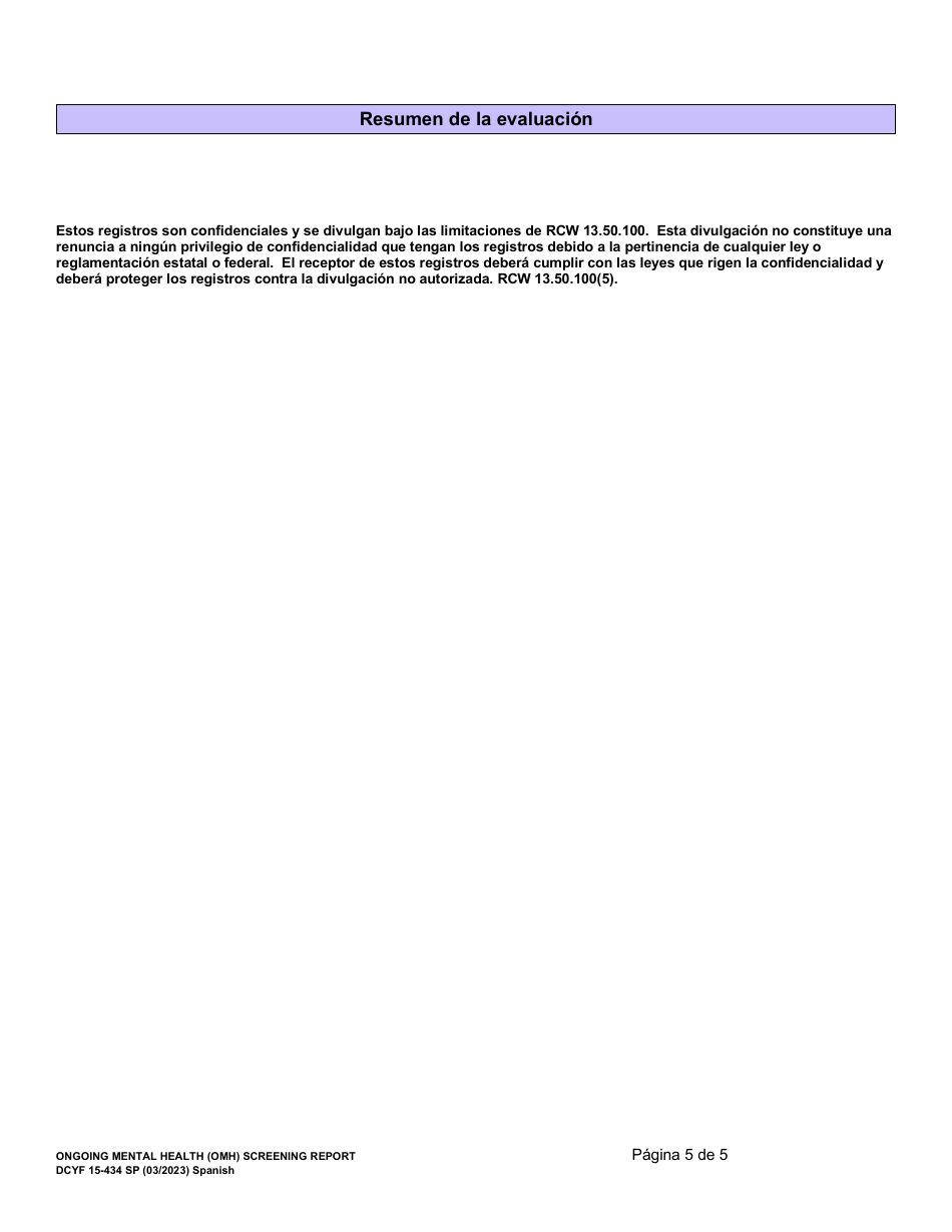 DCYF Formulario 15-434 Salud Mental Continua (Omh) Informe De Evaluacion - Washington (Spanish), Page 5