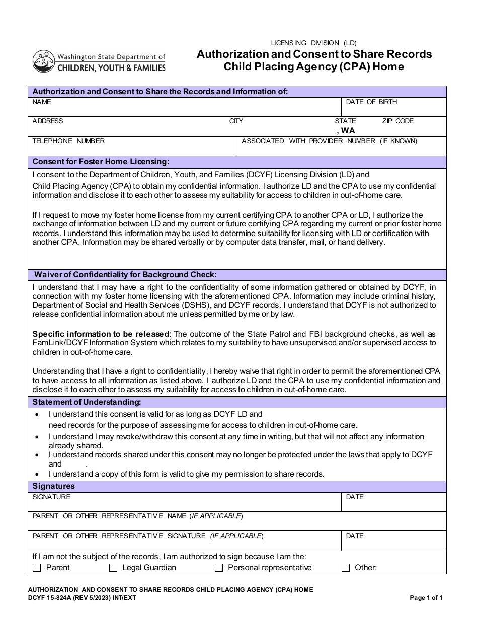 DCYF Form 15-824A Authorization and Consent to Share Records Child Placing Agency (CPA) Home - Washington, Page 1