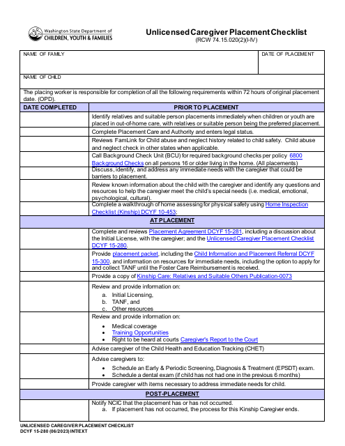 DCYF Form 15-280 Unlicensed Caregiver Placement Checklist - Washington