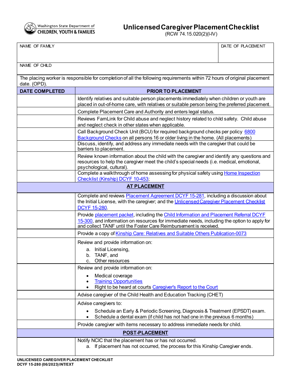 DCYF Form 15-280 Unlicensed Caregiver Placement Checklist - Washington, Page 1