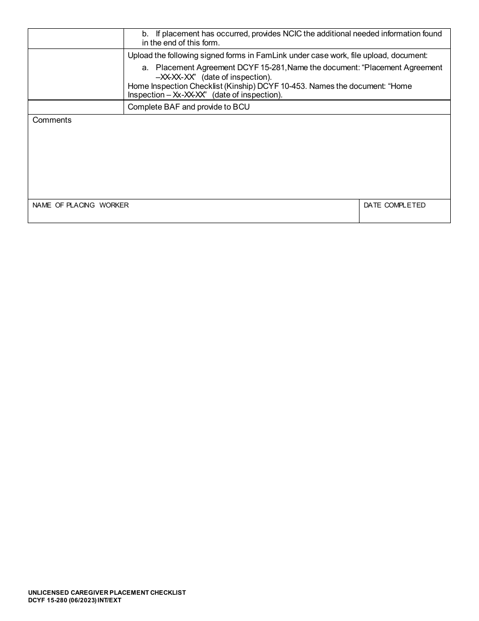 DCYF Form 15-280 Unlicensed Caregiver Placement Checklist - Washington, Page 2