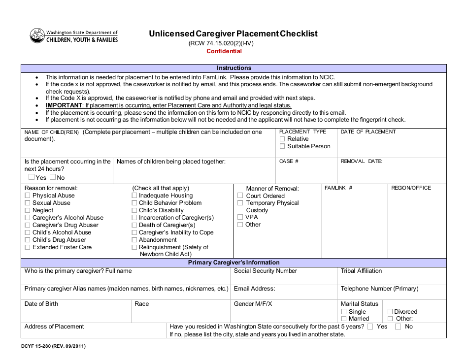 DCYF Form 15-280 Unlicensed Caregiver Placement Checklist - Washington, Page 3
