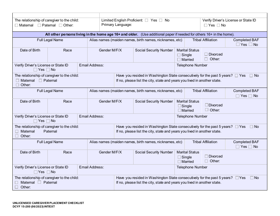 DCYF Form 15-280 Unlicensed Caregiver Placement Checklist - Washington, Page 4