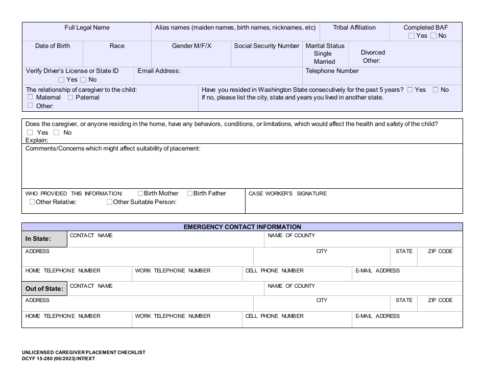 DCYF Form 15-280 Unlicensed Caregiver Placement Checklist - Washington, Page 5