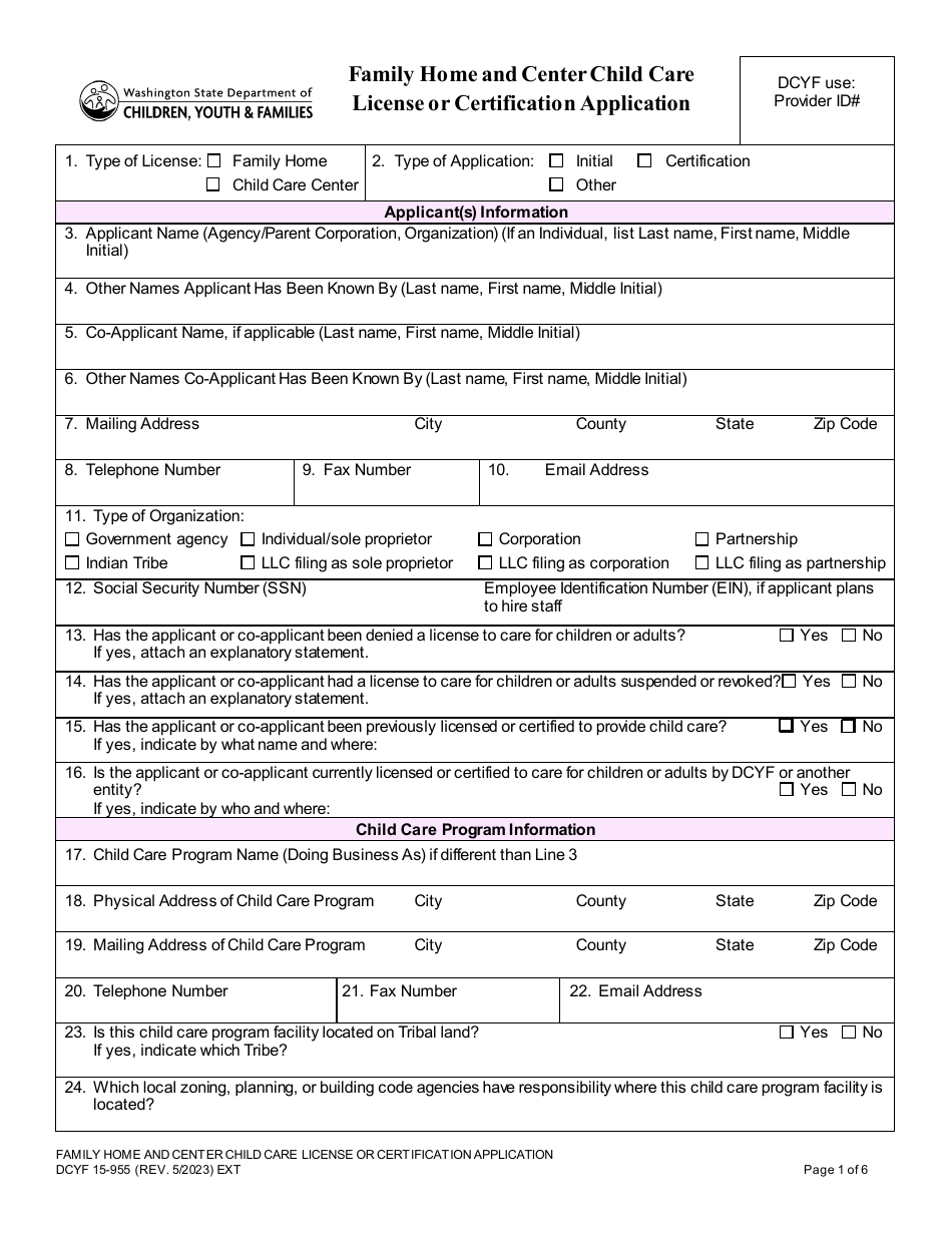 DCYF Form 15-955 Download Fillable PDF or Fill Online Family Home and ...