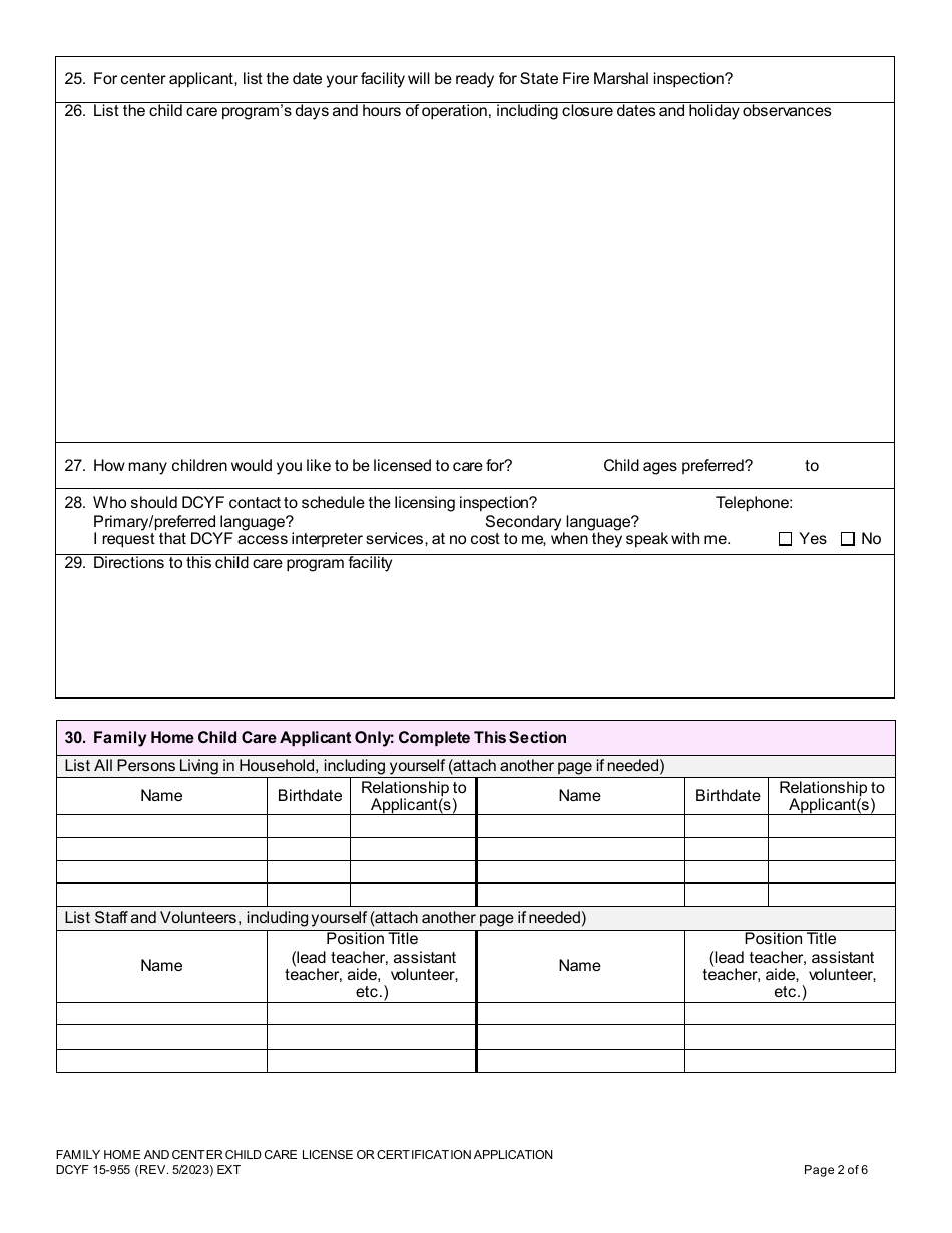 DCYF Form 15-955 Family Home and Center Child Care License or Certification Application - Washington, Page 2