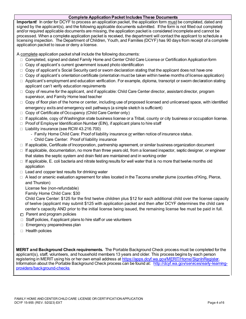DCYF Form 15-955 Family Home and Center Child Care License or Certification Application - Washington, Page 4