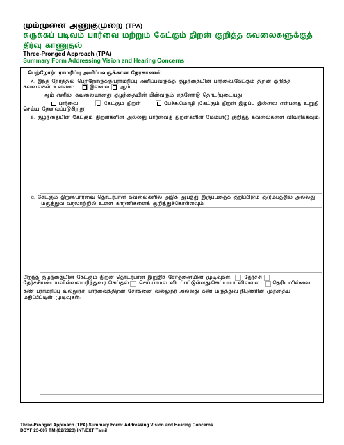 DCYF Form 23-007 Three-Pronged Approach (Tpa) Summary Form Addressing Vision and Hearing Concerns - Washington (Tamil)