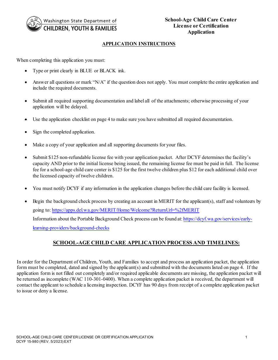 DCYF Form 15-980 School-Age Child Care Center License or Certification Application - Washington, Page 1