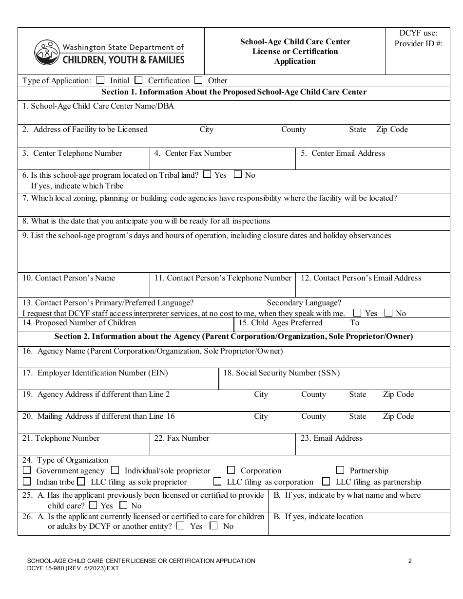 DCYF Form 15-980 School-Age Child Care Center License or Certification Application - Washington, Page 2