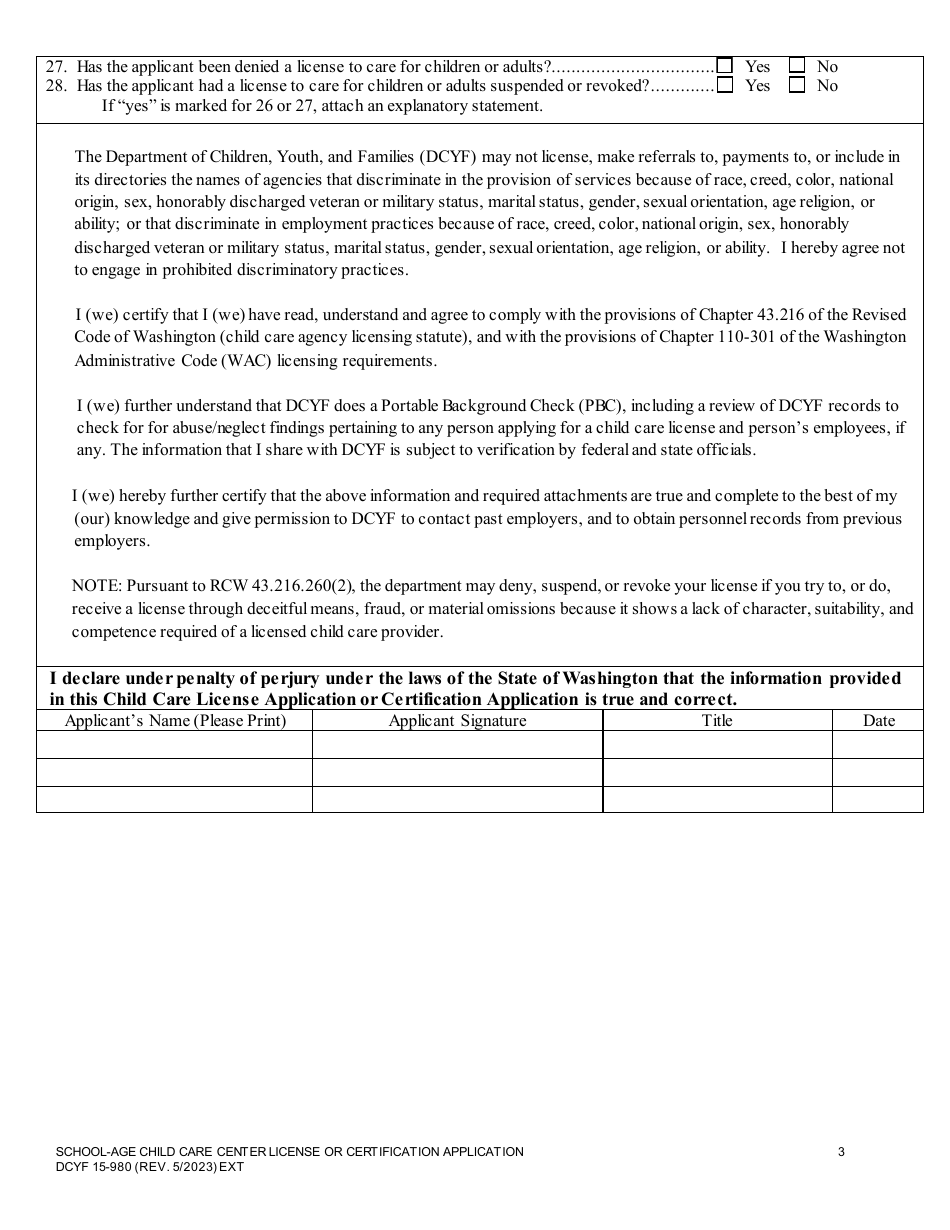 DCYF Form 15-980 School-Age Child Care Center License or Certification Application - Washington, Page 3