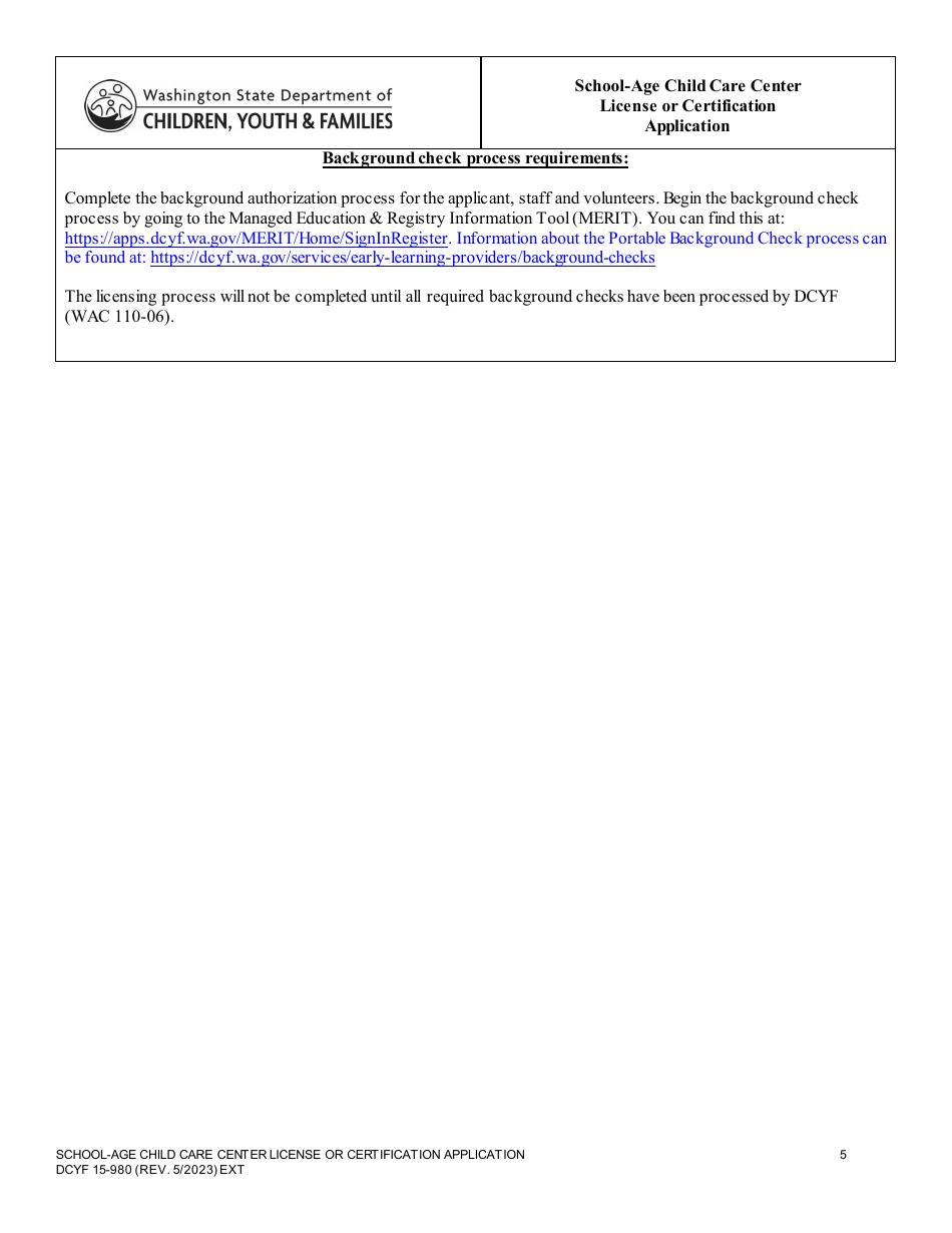 DCYF Form 15-980 School-Age Child Care Center License or Certification Application - Washington, Page 5