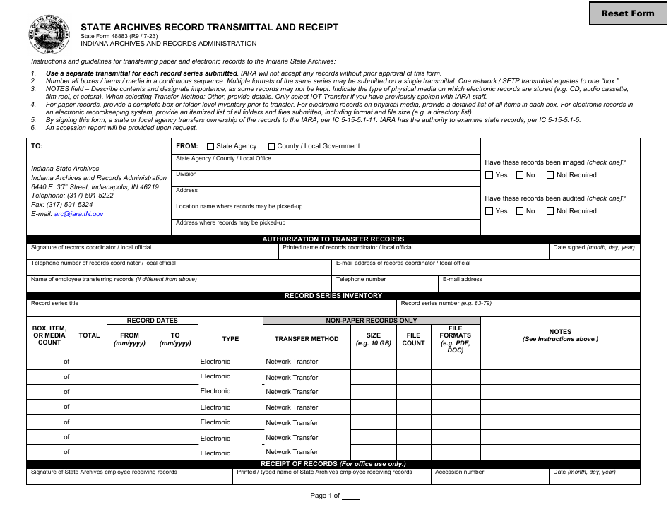 State Form 48883 Download Fillable Pdf Or Fill Online State Archives Record Transmittal And 4766