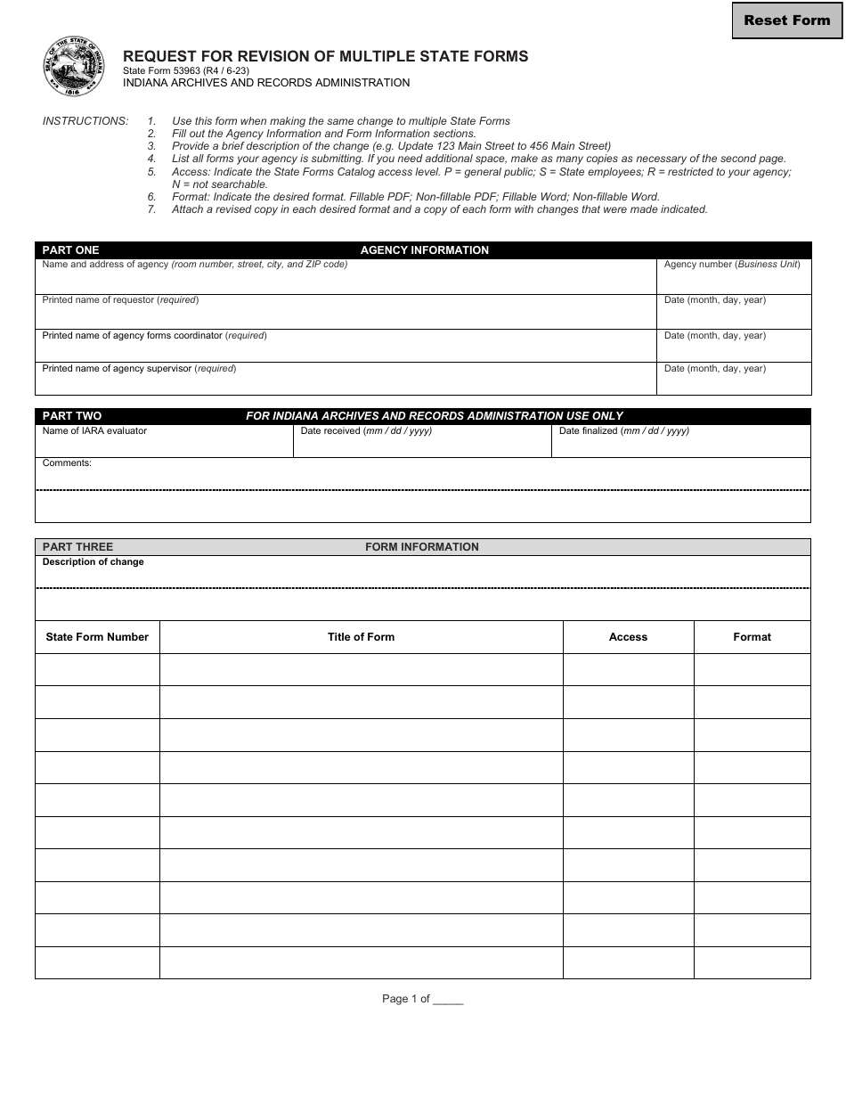 State Form 53963 Request for Revision of Multiple State Forms - Indiana, Page 1