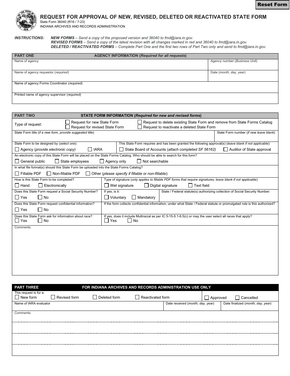 State Form 36040 Request for Approval of New, Revised, Deleted or Reactivated State Form - Indiana, Page 1