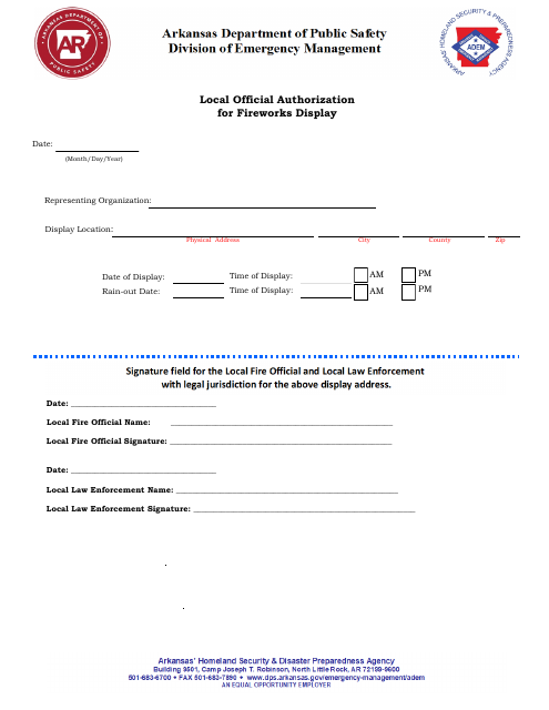 Local Official Authorization for Fireworks Display - Arkansas Download Pdf