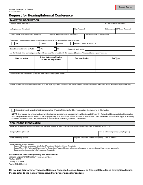 Form 5713 Request for Hearing/Informal Conference - Michigan